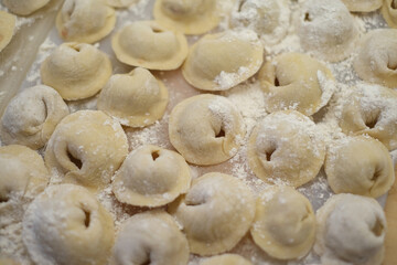 Close-up of traditional homemade dumplings sprinkled with flour, arranged on a kitchen surface ready for cooking.