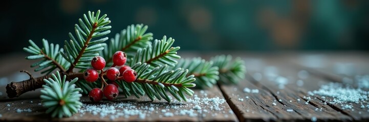 Frosty fir branch on rustic table with vintage feel, table, frost