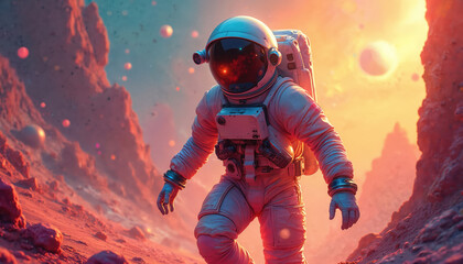 Brave astronaut explores alien planet surface. Futuristic tech space suit. Concept of space travel, extraterrestrial life discovery. Science fiction, adventure, exploration, colonization, universe