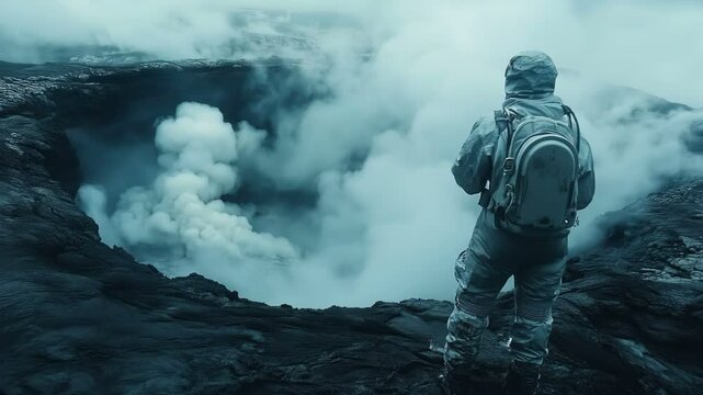 An Astronaut is deeply engaged in the exploration of a volcanic crater set within an otherworldly landscape