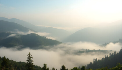 Obraz premium view of a mountain range covered in fog