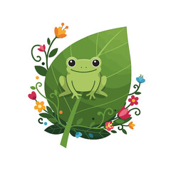 Fototapeta premium Cute frog sitting on a leaf surrounded by flowers