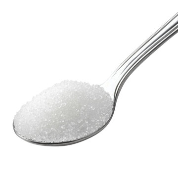Spoonful of sugar on a shiny metal kitchen utensil isolated on white