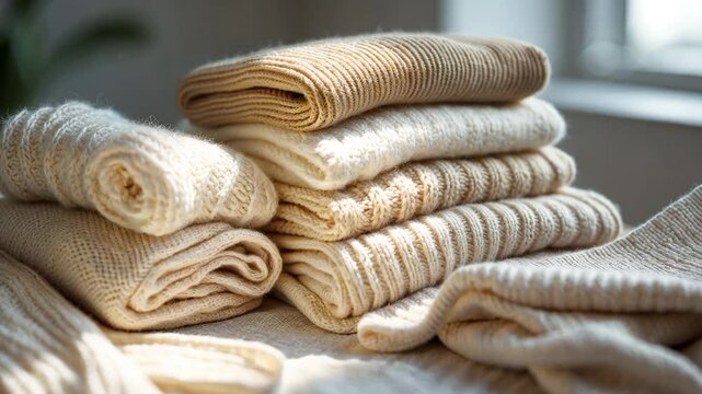 Neatly arranged cozy natural wool sweaters in milky beige and white on a close-up background. Crafted from merino wool, alpaca, and eco-friendly fabrics. Emphasizing conscious consumption. Flat lay.