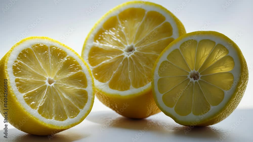 Poster fresh and juicy lemon on a white background with half and sliced lemon arranged separately