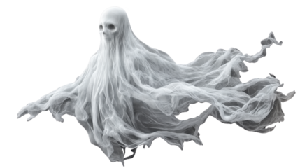 Ethereal ghost figure with flowing white translucent on white background