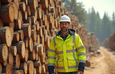 Engineer at sawmill poses near stack of timber logs. Man in safety hard hat, reflective vest inspects wood. Forestry industry, timber harvest, wood production concept. Lumberjack at work in forest.