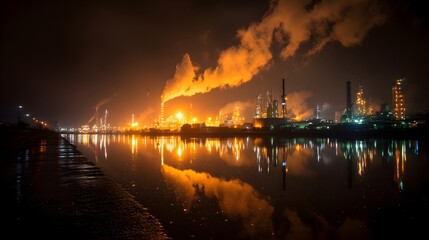 Fototapeta premium A sprawling industrial refinery complex at night reflects in calm waters creating a dramatic and fiery orange glow across the landscape.