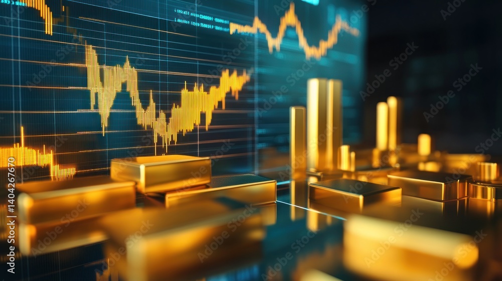 Poster abstract depiction of financial data analysis with golden bars representing wealth and a fluctuating
