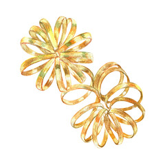 Gold curls in vibrant collection of bows, ribbons, hand-painted in watercolor with gold paint accents. Isolate elements are presented for decorating and designing textiles, wallpaper, prints
