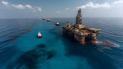 Obraz premium A large offshore oil rig and support vessels operate amidst an oil spill in the vast ocean creating an environmental disaster.