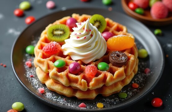 Close-up view of Hong Kong bubble waffle with ice cream, fruits, colorful candies on a dark background. Sweet dessert, tasty breakfast. Ideal for menu, food blog.