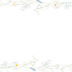 Watercolor floral seamless border. Meadow blue forget-me-not flowers, wild yellow daisy, chamomiles, green branches.