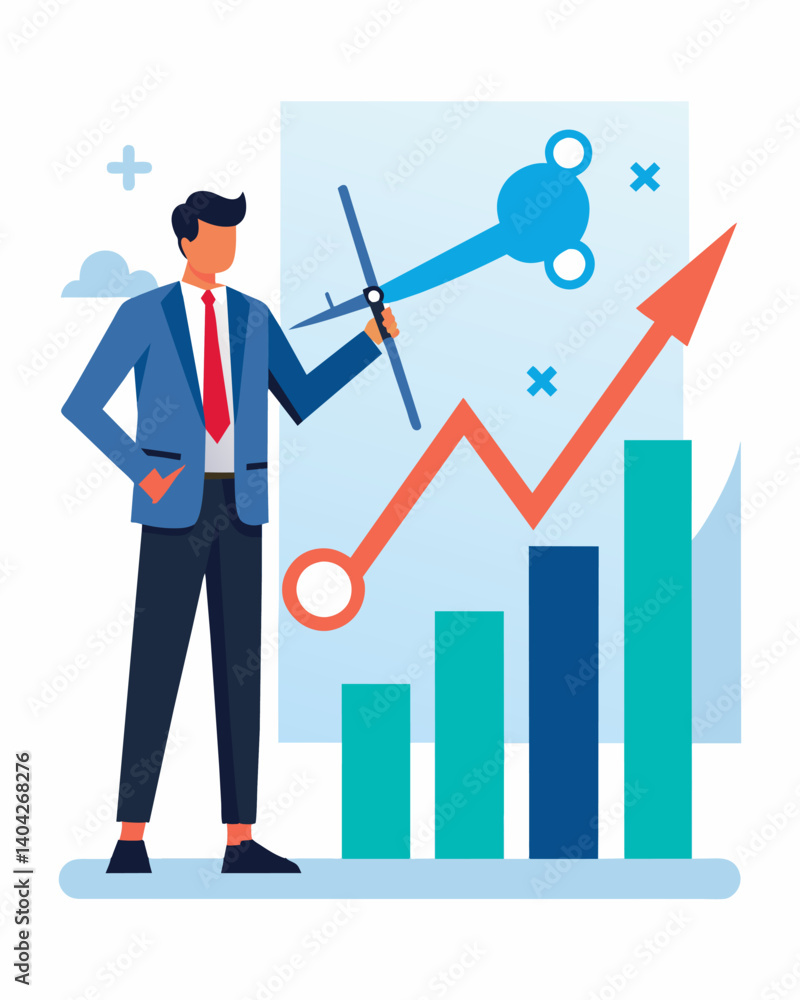 Poster a business exeive stands in front of a graph using a large pair of scissors to through the projected