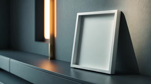 Minimalist living room interior featuring a horizontal white video frame on the shelf, mock-up design.