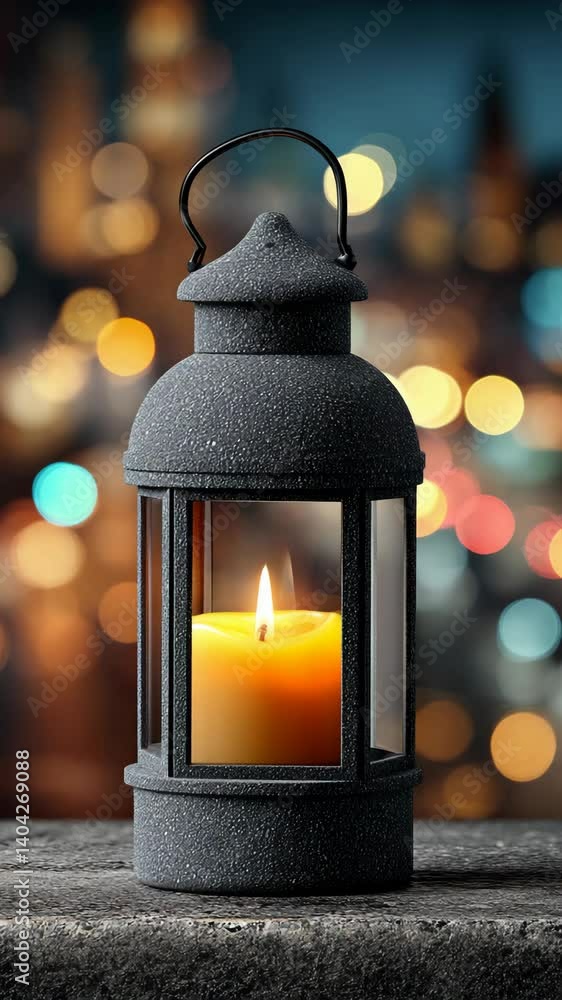 Poster lantern with glowing candle flame against a bokeh background creating warm mood and light