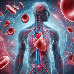 Human heart circulation cardiovascular system with anatomy from a healthy body on a background with blood cells as a medical health care symbol of an inner organ as a medical health care concept.