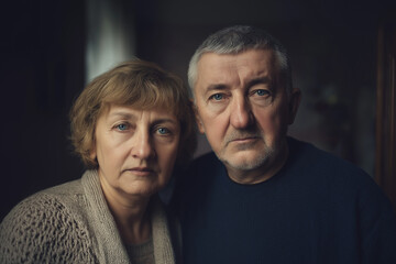 couple with serious expressions in intimate portrait showcasing emotions. captured in low light, this compelling image offers depth, connection, and timelessness ideal for relationship themes.