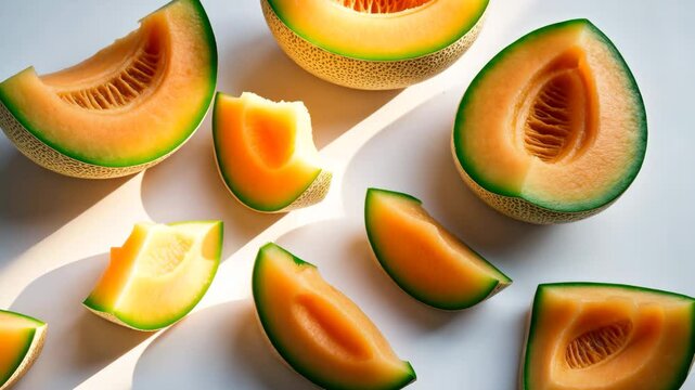 Yellow melon or cantaloupe set against a white backdrop, sweet melons arranged on a white surface.