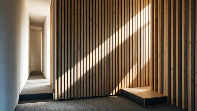 Wall paneling with vertical laminated plywood slats featuring gaps for noise absorption and a wood texture, along with felt furniture board.