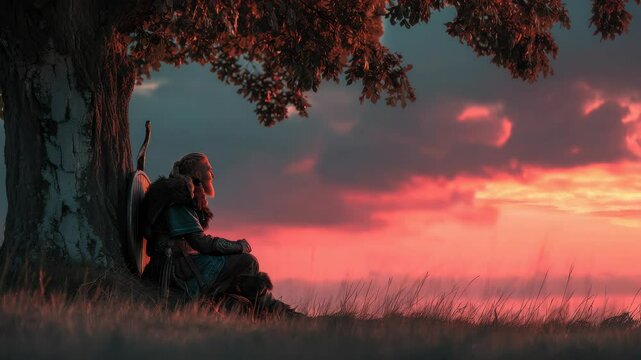 Viking Warrior with Guitar Under Tree