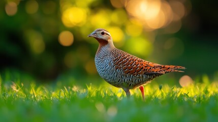 Charming franklin's spurfowl portrait amidst lush greenery and soft bokeh lights