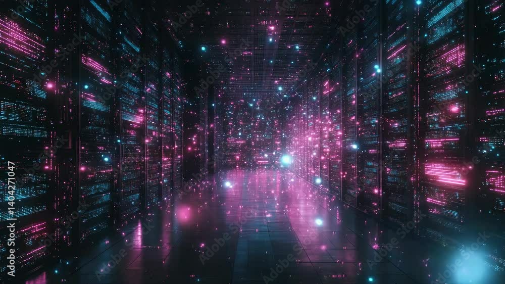 Poster illuminated server room hallway, abstract futuristic background with glowing neon lights and grid pa