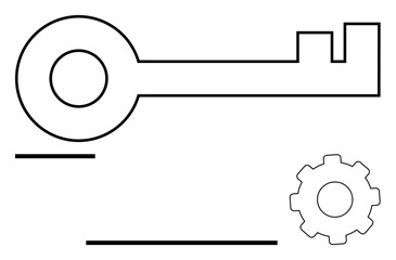 Minimalist key outline paired with a gear, suggesting access, engineering, mechanics, and problem-solving. Ideal for solutions, innovation, progress, technology engineering strategy and mechanics