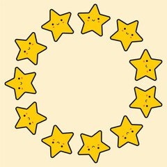 Round frame of cartoon cute stars. Hand drawn.  Vector illustration