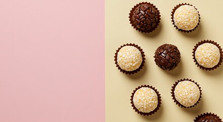 Minimalist flat lay of brigadeiros and beijinhos on a pastel background, ready for social media or ads