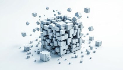 Abstract 3D Structure of White Cubes Exploding in Open Space