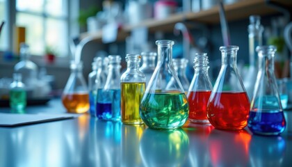 Colorful Laboratory Glassware with Chemicals in Modern Science Setup