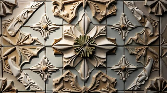 Rustic matte-finished exterior wall tile decoration, designer tile idea for indoor and outdoor use, stone artwork cladding, vintage mosaic tiles, beige ivory ceramic accent design.