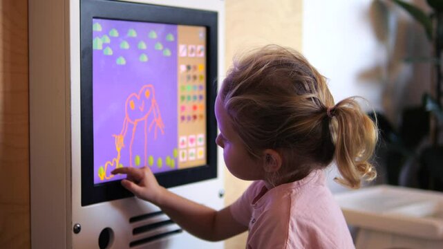 Preschool girl interacts with a digital drawing board, creating a simple image and experimenting with colors in an early learning environment. modern education of children