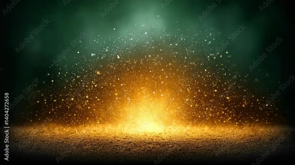 Poster abstract golden light with bokeh effect on dark green background, glimmering particles floating crea