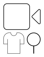 Minimal outlines of a camera, a T-shirt, and a magnifier. Ideal for concepts thumbs up creativity, fashion, exploration, observation, simplicity media and minimal design. Flat simple metaphor