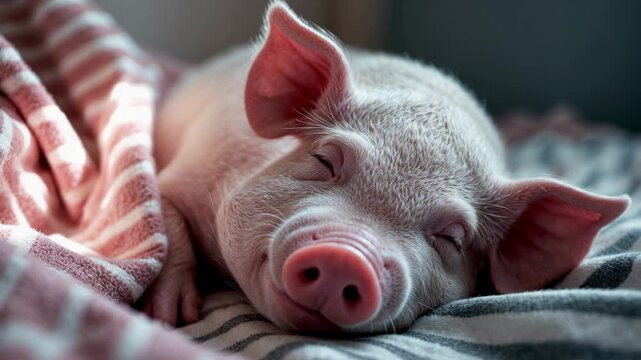 cute pig lounging on a striped blanket