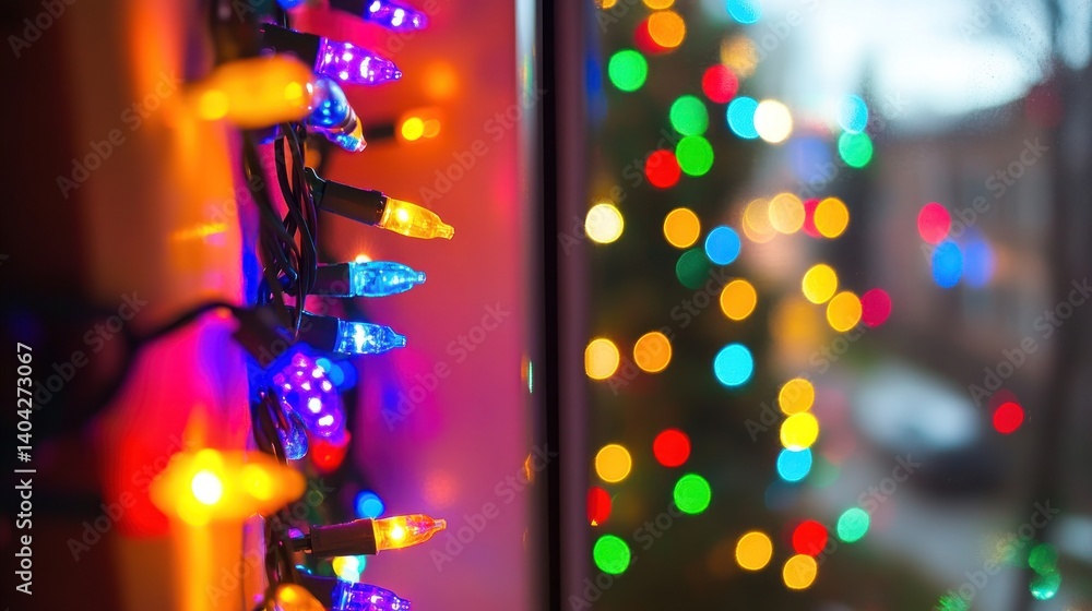 Poster illuminated holiday cheer: a close-up of colorful christmas lights cascading along a window frame re