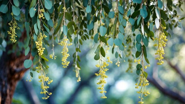 Eucalyptus foliage on a eucalyptus tree branch set against a natural outdoor background. Banner.
