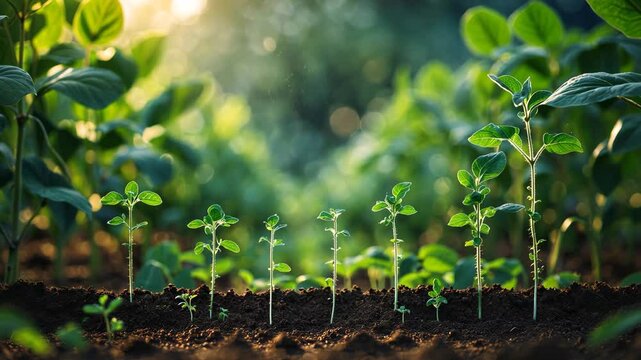 Soybean growth on the farm surrounded by green foliage. Agricultural plant seeding development stage idea.