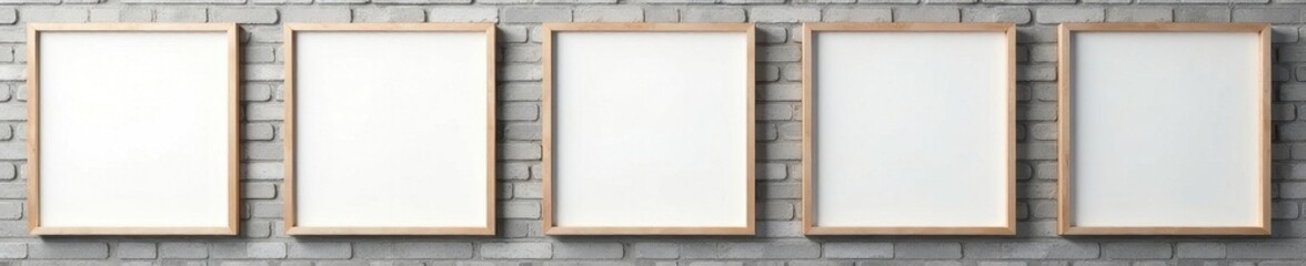 Fototapeta premium Several blank picture frames against a grey brick wall , mockup, modern