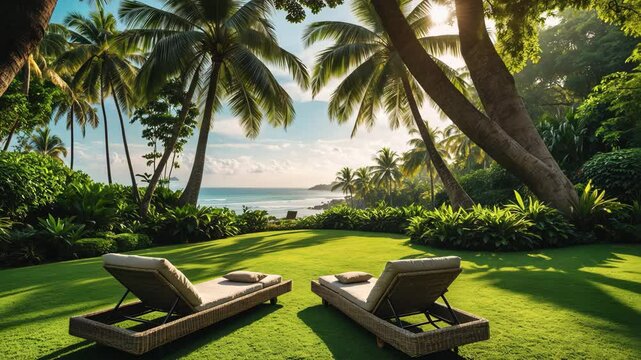 Simple unwinding on a leisurely daybed under towering coconut trees by the ocean in a tropical environment with ideal warm light in the summer.