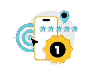 SEO strategies for local businesses. Map pins, reviews and local keyword planners highlighting importance of optimizing for local search results and visibility. Outline line art vector illustration
