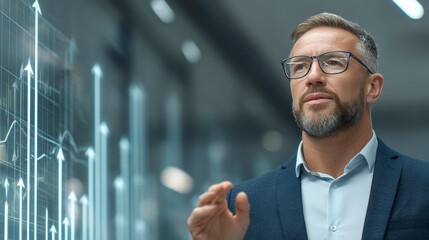 Businessman analyzing digital growth charts on a futuristic interface, displaying financial success and data analytics in a corporate setting.
