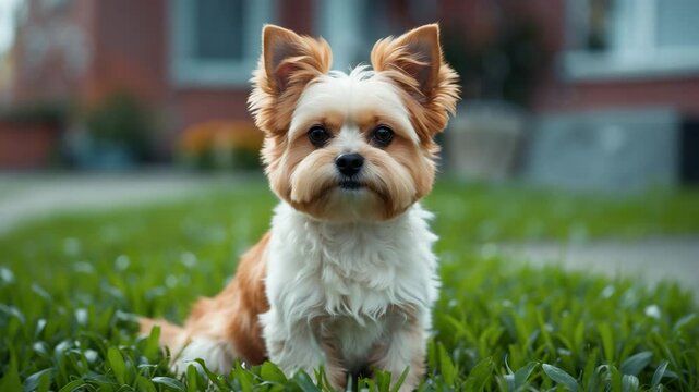 Charming cream and brown morkie sitting on the grass with a tilted head and curious look, anticipating commands