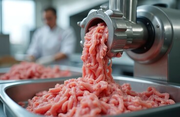 Close-up minced pork meat production in kitchen using electric meat grinder. Raw ground meat processing at food factory. Chef cook prepares fresh ingredient for meat products.