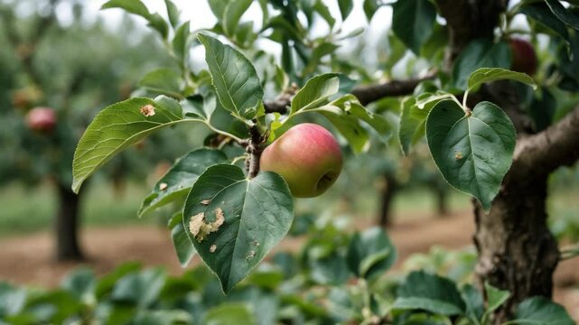 Foliage of apple tree affected by scab. Leaves showing problems on an infected tree.