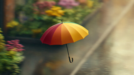 A colorful umbrella floating magically above a rainy street, surrounded by vibrant, blurred flowers on the sides.