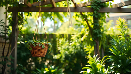 hanging basket filled with plants in a garden