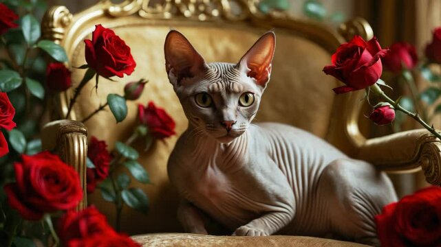 A beautiful Sphynx cat perched in a large wooden chair with roses beside it.